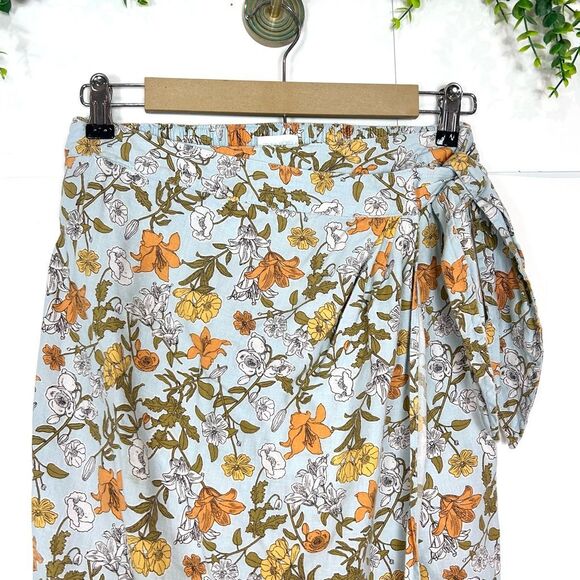 Cynthia Rowley Midi Skirt Linen Wrap Small Light Blue Floral Summer Leaves Long - Picture 6 of 12